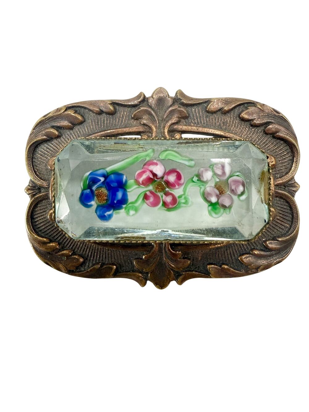 vintage Pididdly Links Flowers in Glass prism metal BROOCH floral jewelry pin